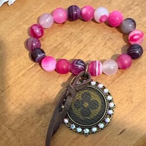 Pink and Purple Beaded Bracelet with Floral Charm Upcycled